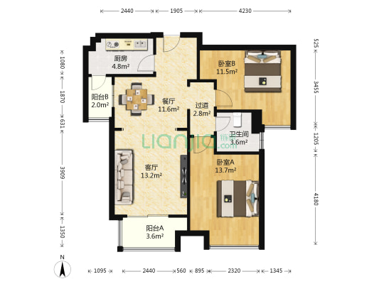 万达豪庭 2室2厅1卫 88平方
