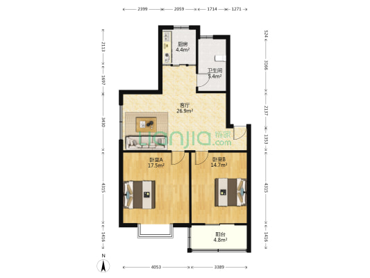 玫苑轩 2室1厅1卫 90平方