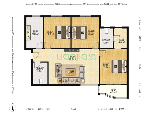 雲祥花苑 3室1厅2卫 142平方