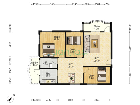 物资公司商住楼 3室2厅1卫 92平方