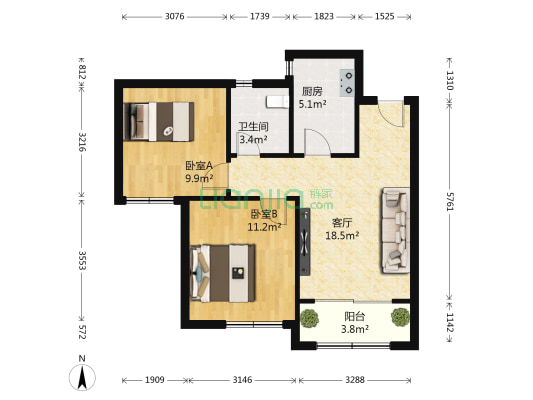 海怡新城锦霞苑 2室1厅1卫 83平方