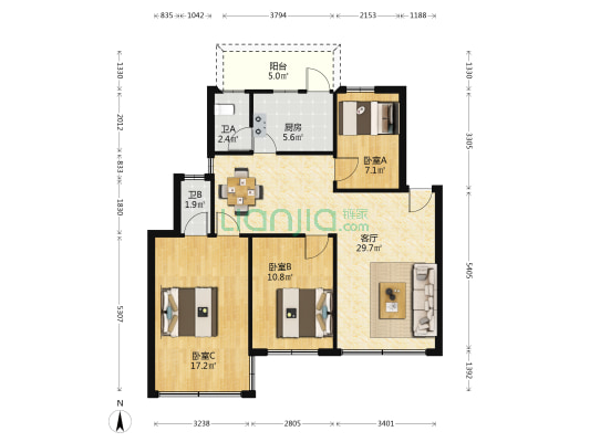 供电局宿舍(京深线) 3室1厅2卫 90平方