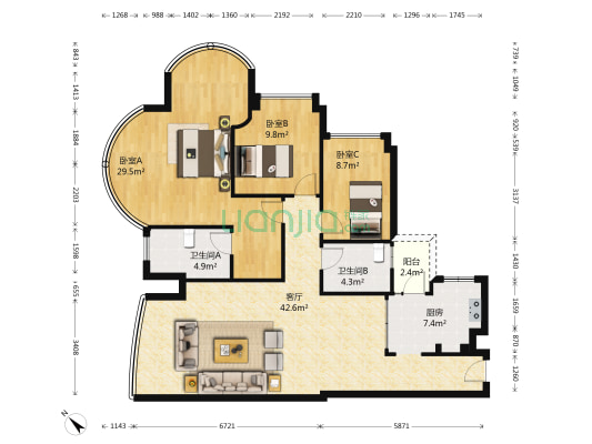 亿海湾 3室1厅2卫 142平方