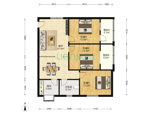 光大地产家属楼 3室1厅1卫 115平方