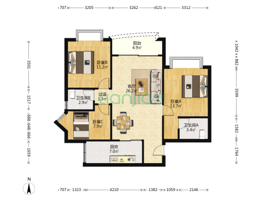 翰景轩 3室1厅2卫 102平方