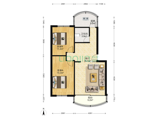 地产小区 2室1厅1卫 85平方