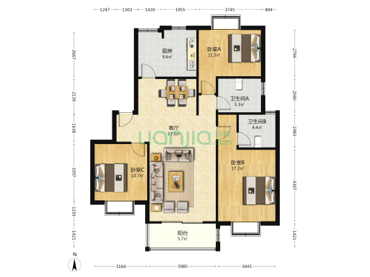 百舸馨苑 3室1厅2卫 117平方