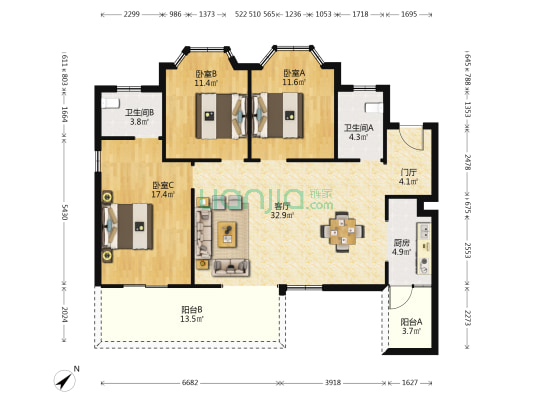 世家雍锦湖 3室1厅2卫 136平方