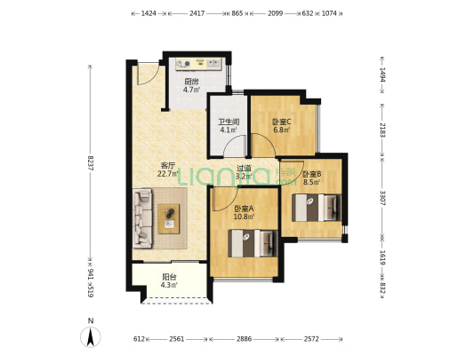 山湖海悦府 3室1厅1卫 79平方