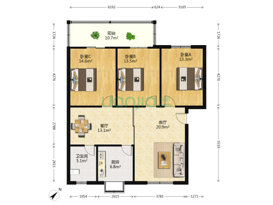 台北三村63-65号 3室2厅1卫 117平方