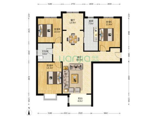 中建城二期 3室2厅1卫 126平方