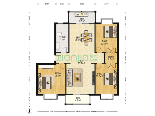 越秀园中区 3室2厅1卫 136平方