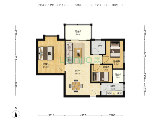国华大厦 3室1厅1卫 90平方