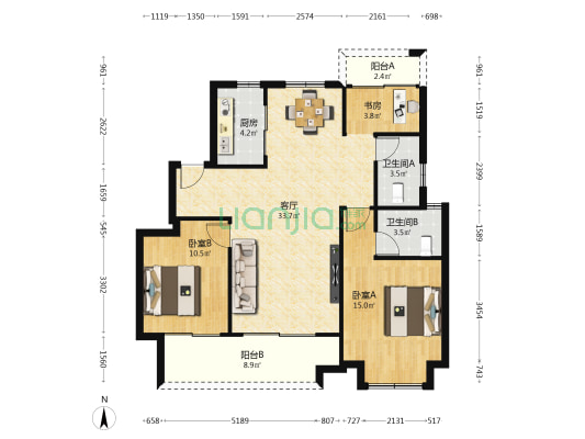 云泊苑 3室1厅2卫 108平方