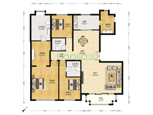 丽都水岸B5区 3室2厅3卫 218平方