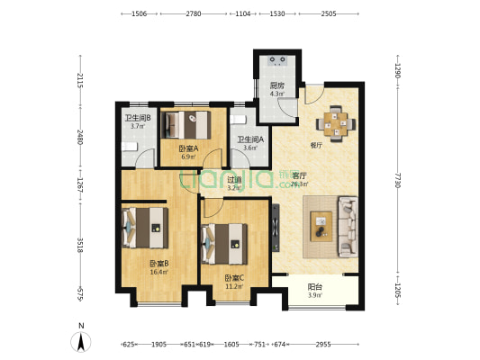 香榭汇沣 3室1厅2卫 109平方