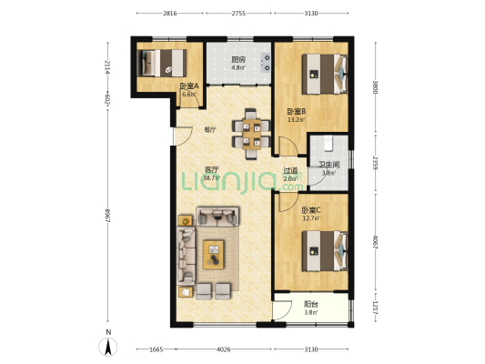 如意花园 3室1厅1卫 115平方