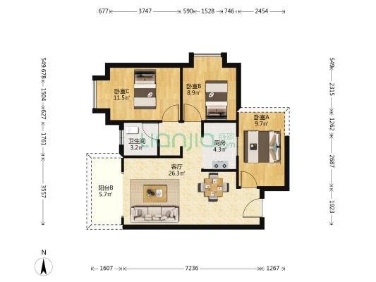 嘉和万世 3室1厅1卫 76平方
