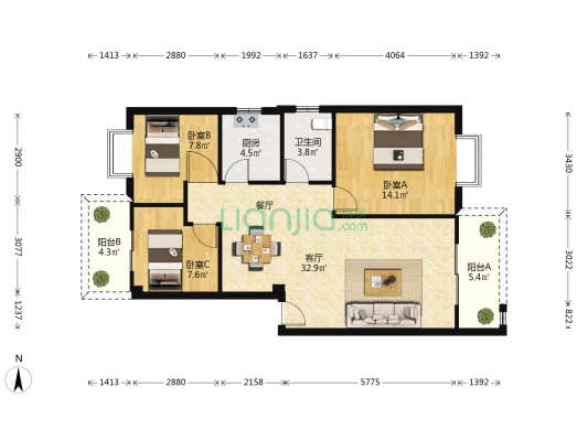 青翔花园 3室1厅1卫 91平方