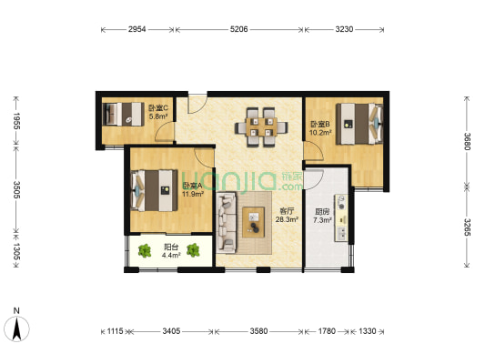 首开理想城 3室1厅0卫 95平方
