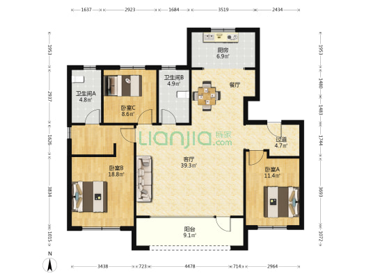 融创影都学府 3室1厅2卫 132平方