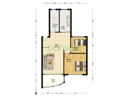 德盛园 2室1厅1卫 90平方