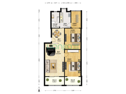 阳明路卫生局宿舍（东湖区阳明路418号） 3室2厅1卫 95平方
