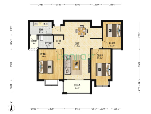 云凤居 3室1厅1卫 111平方