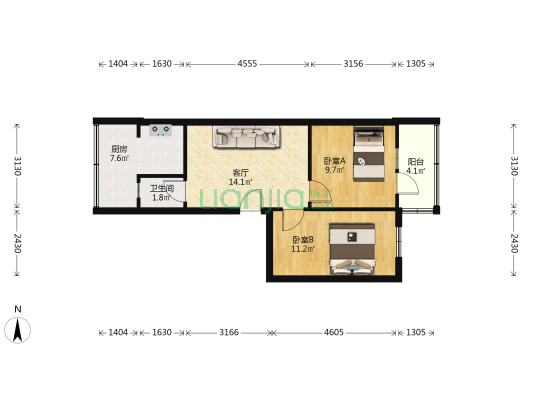从新小区 2室1厅1卫 54平方
