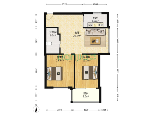 欢乐精品园 2室1厅1卫 80平方