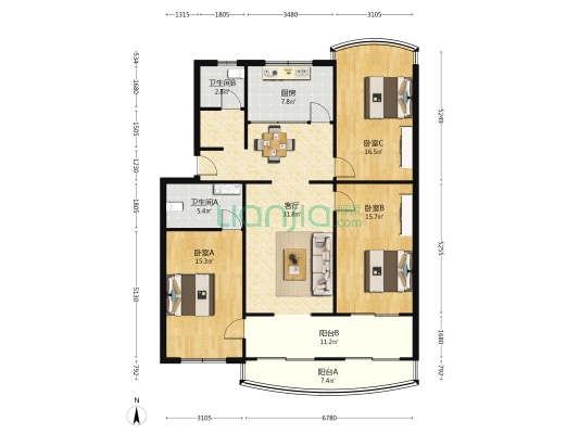 新加坡商业街89号 3室1厅2卫 129平方
