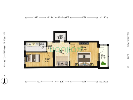 西便门内大街 2室1厅1卫 56平方