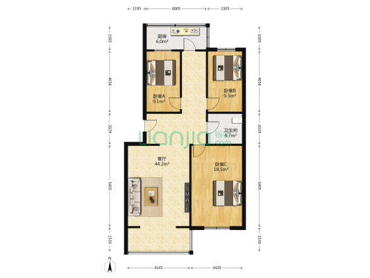 龙腾家园 3室1厅1卫 107平方