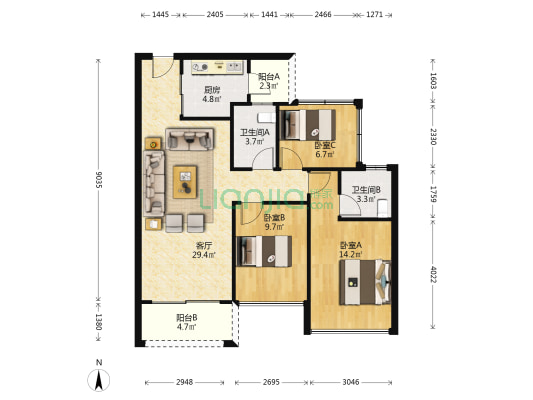 龙光城北五期 3室1厅2卫 92平方
