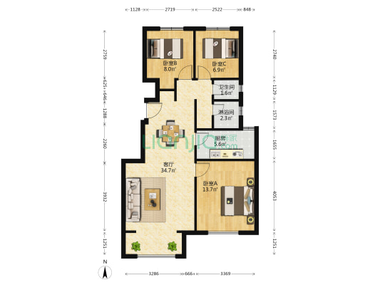 万科海港城1期 3室1厅2卫 91平方
