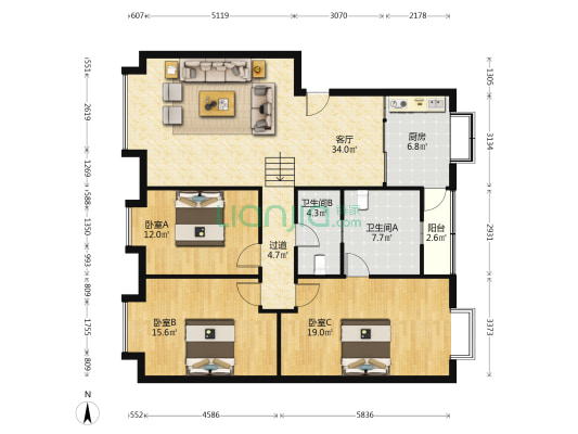 君园小区 3室1厅2卫 129平方