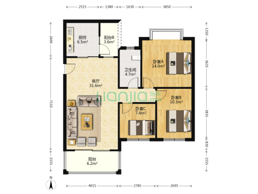 恒大名都 3室1厅1卫 129平方