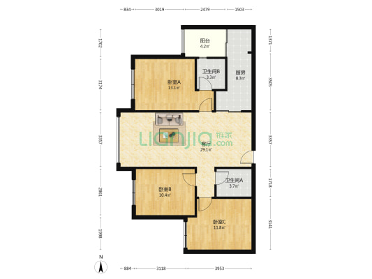 鹭湖宫八区E组团东区 3室1厅2卫 95平方