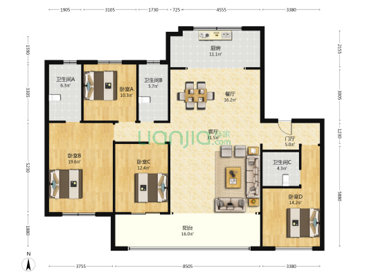 滨江双玺 4室2厅3卫 190平方
