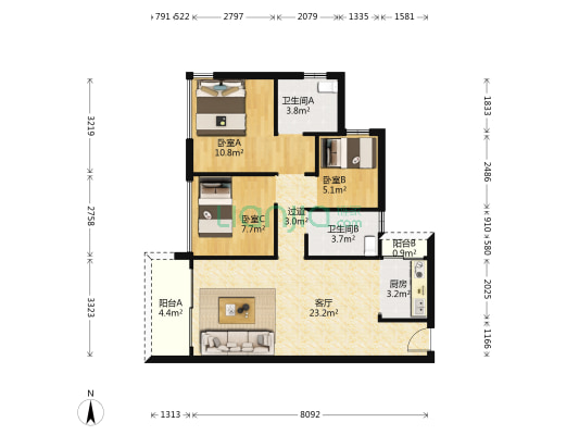 名杰华府 3室1厅2卫 87平方