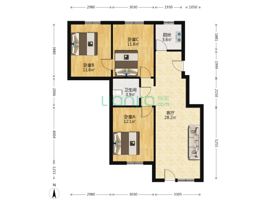 新里海德公馆 3室1厅1卫 105平方
