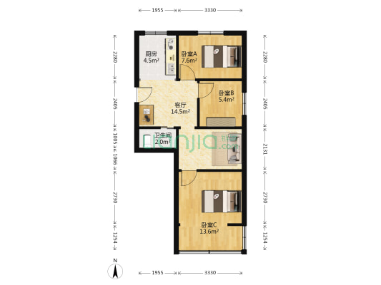 松木场河西 3室1厅1卫 58平方