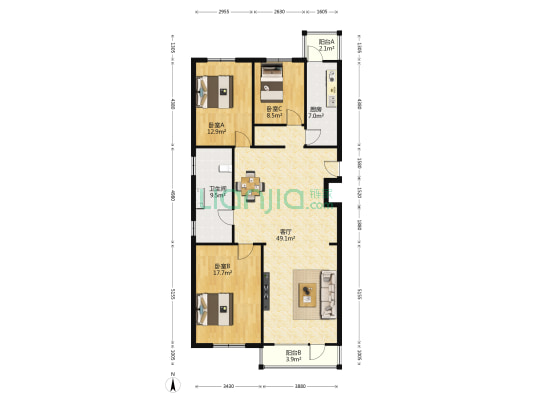 新开公寓 3室1厅1卫 151平方