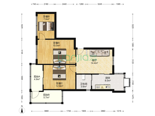 惠一轻工苑小区 3室1厅1卫 84平方
