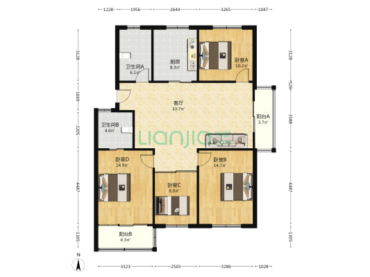 珠泉农贸市场 4室1厅2卫 126平方