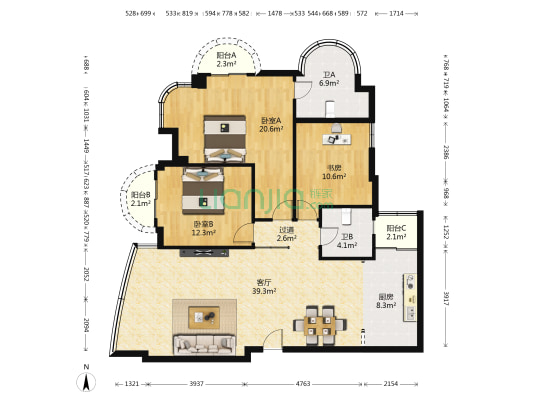 丽水庭园 3室1厅2卫 148平方