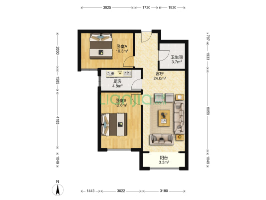 精装修 全南两居 随时看房 房本满二-户型图