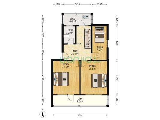 新启街 3室1厅1卫 82平方