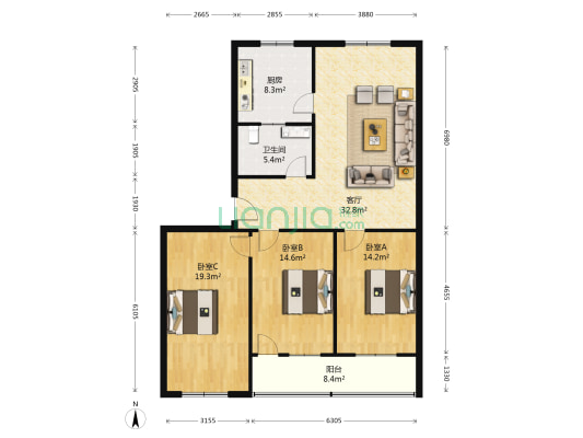 鑫源花园 3室1厅1卫 124平方