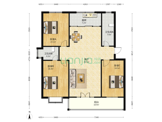 九州家园 3室1厅2卫 135平方